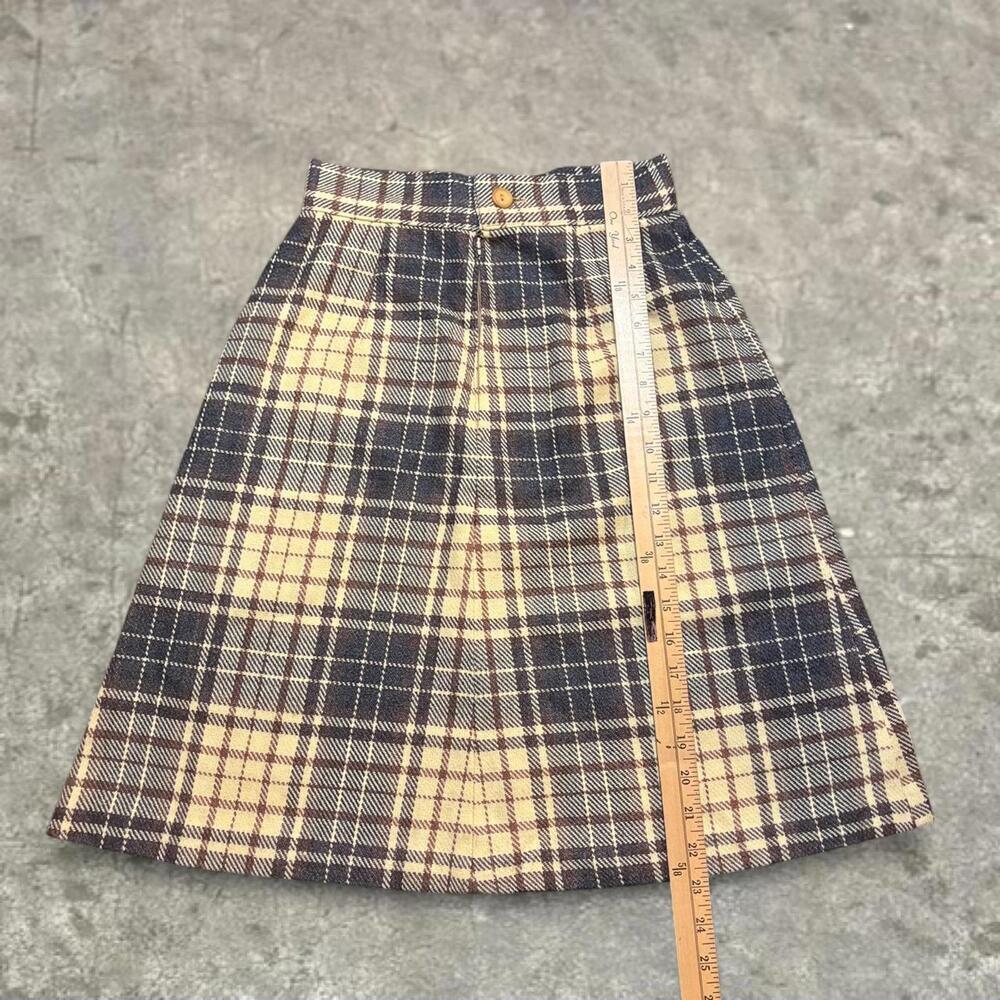 vtg 80s plaid cottage indie high waisted skirt small brown grey cream - Picture 10 of 11